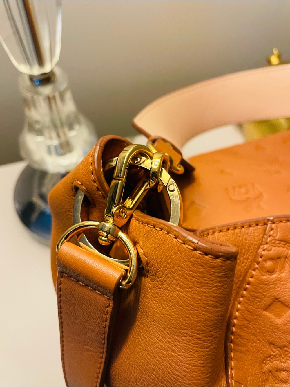 MCM Cognac Embossed Leather Shoulder Bag - Picture 5 of 11
